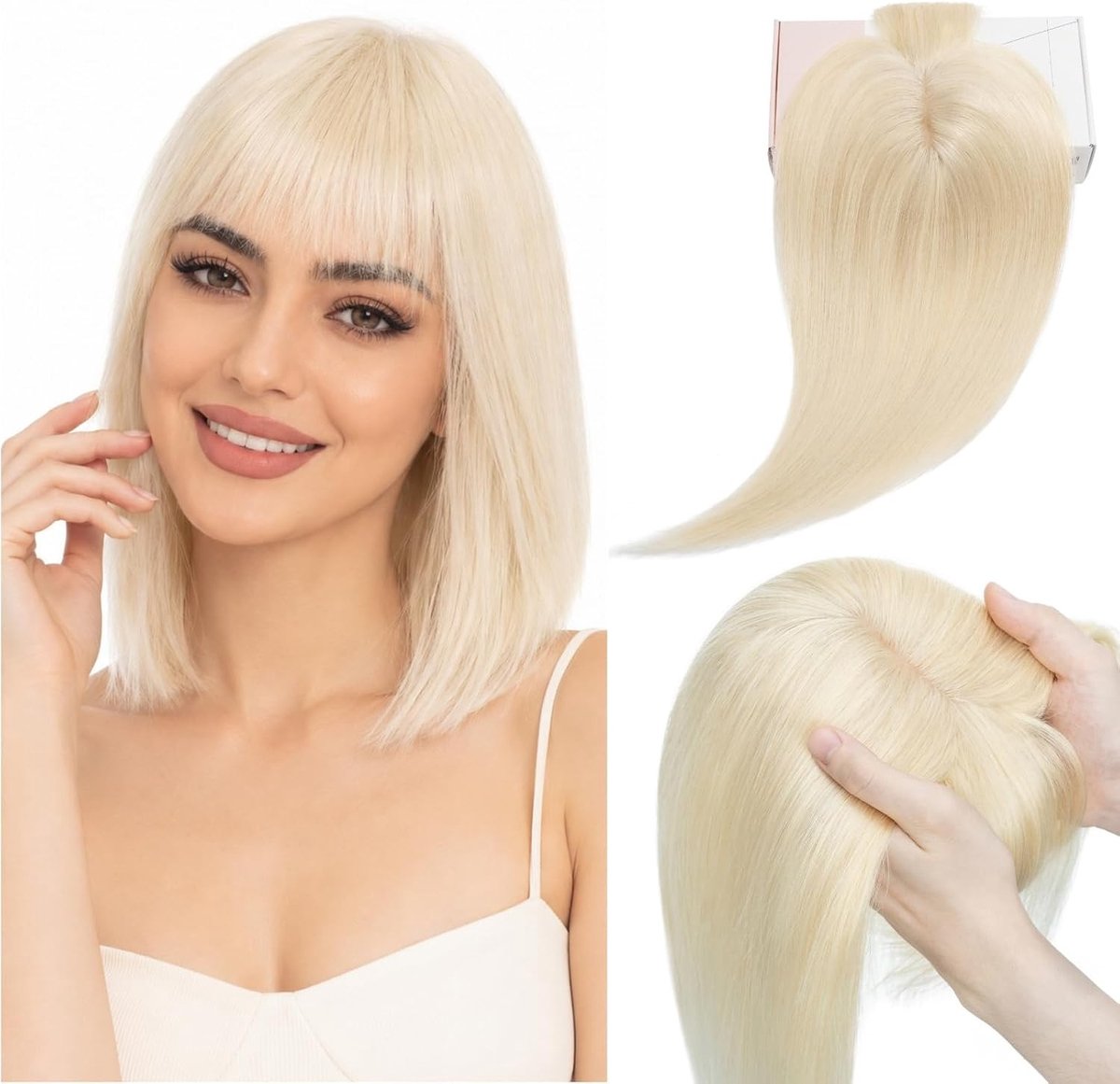 Clip-in haarstukjes van echt haar met pony voor dames, 360° 3D-afdekking, Remy haar, haarverlenging, haarstyling, 35 cm, #60 parelblond