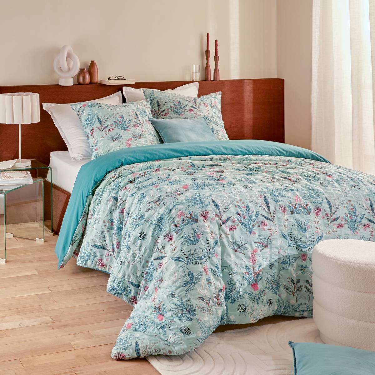 Bedtextielset met print van polykatoen met wafelpatroon VEGETAL MARIN