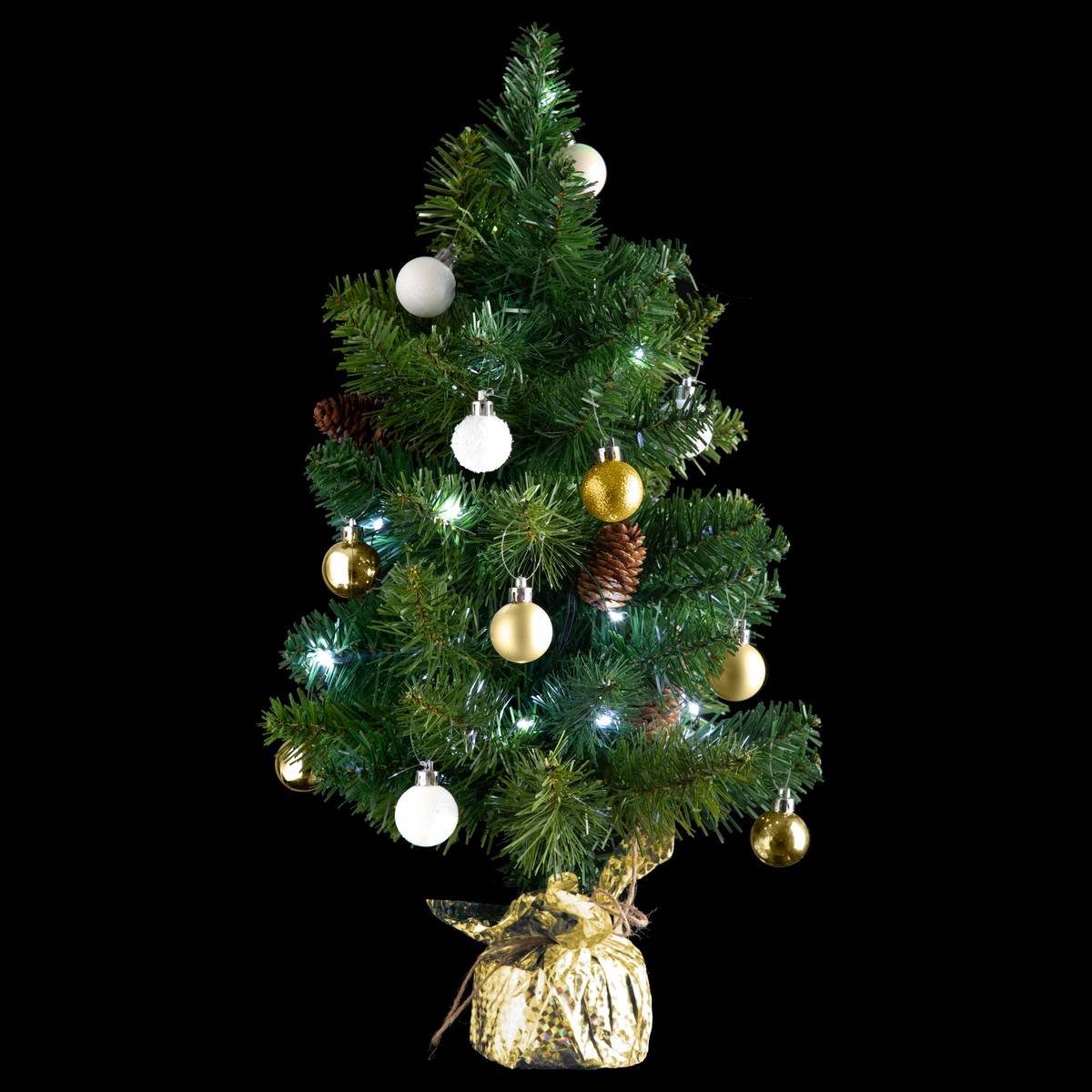 Kerstboom H50 cm met versieringen en koperkleurige lichtslinger met 20 LED's