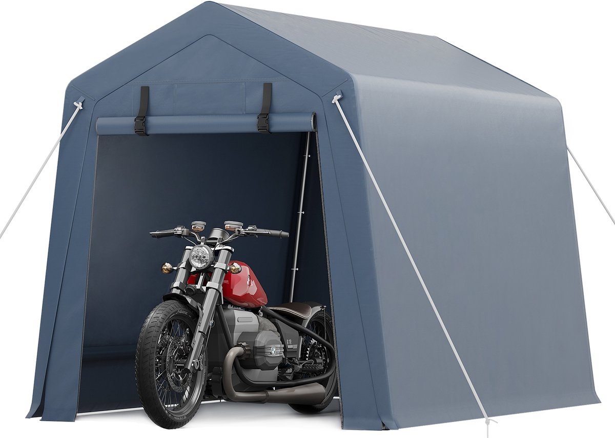 Triumpunpre Carport Motorfiets Overkapping 183x183x213 cm - PE Zeil Tent met Rits Deur & Ventilatie Ramen - Weerbestendige Garage Tent Grijs