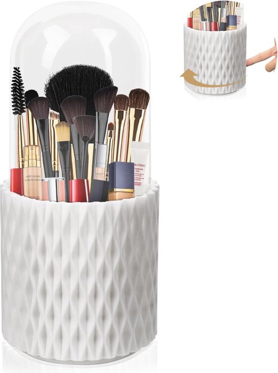 360° Roterende Cosmetica Organizer - Met deksel - Make-Up Opberger - Badkamer/Keukenorganizer - Tandenborstel opslag - Multifunctioneel - 360 Graden Draaibaar - Wit - 11*11*23 cm - Duurzaam - handig - Oplossing voor rommel - stofdicht