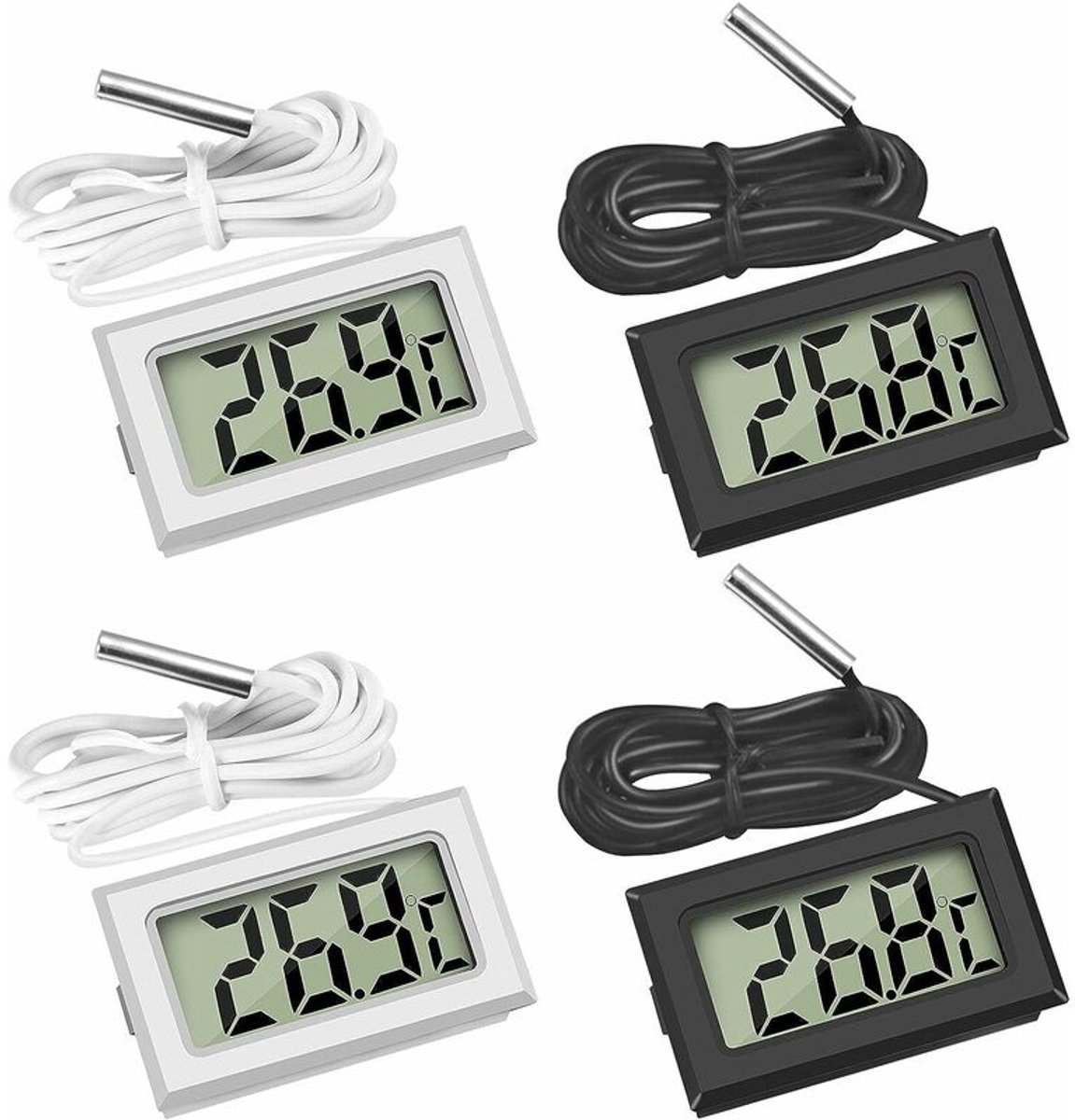Mini digitale LCD-thermometer met temperatuursonde en sensor (2x zwart, 2x wit)