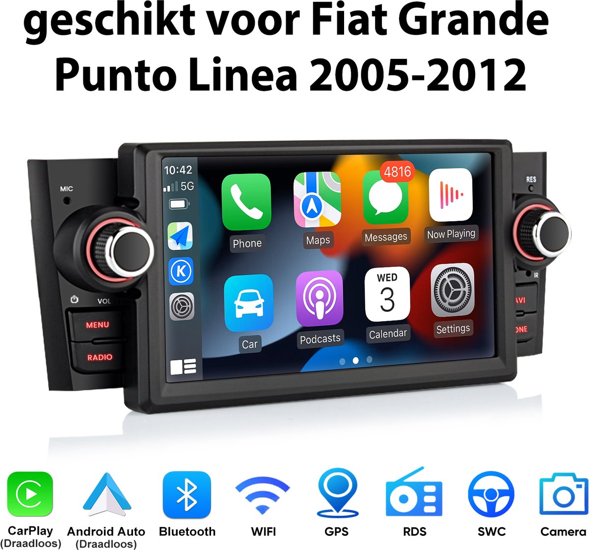 Junsun Android 15 Autoradio geschikt voor Fiat Grande Punto Linea 2005-2012 - 2GB+64GB - Draadloze CarPlay & Andriod Auto - GPS-navigatiesysteem - Bluetooth - Stuurwielbediening - WiFi - 7-inch Touchscreen - Plug & Play