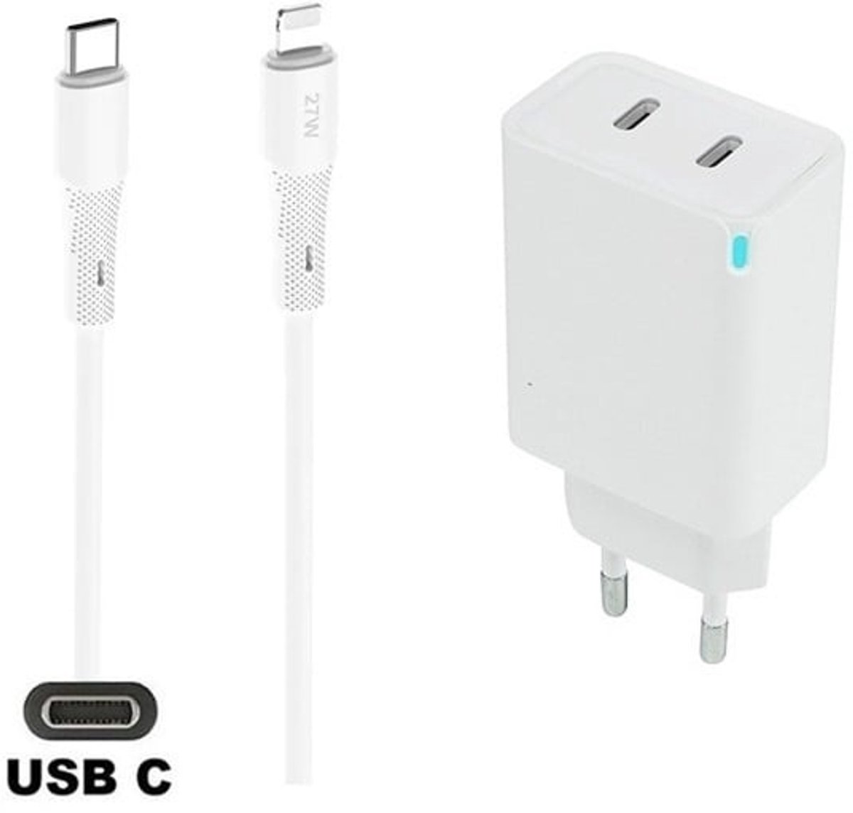 OneOne 45W super snellader met 2 poorten USB C - USB C en screenprotector van glas voor iPhone 14 Pro + 1,0m USB C naar Lightning kabel. Witte PD PPS lader. Universele oplader adapter. Glazen screenprotector past op Apple iPhone 14 Pro