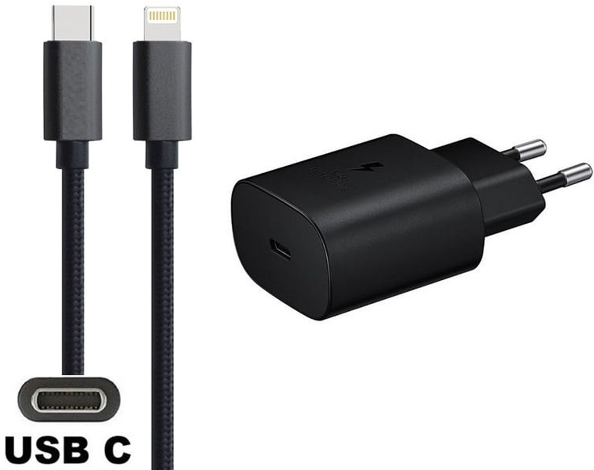 OneOne 25W super snellader en screenprotector van glas voor iPhone 12 + 2,0m USB C naar Lightning kabel. PD lader. Universele oplader adapter. Glazen screenprotector past op Apple iPhone 12