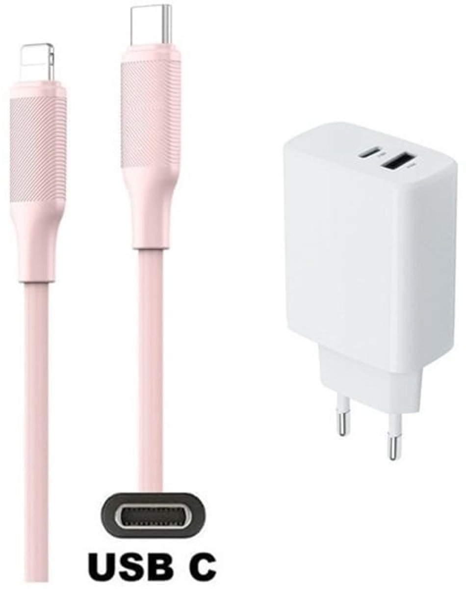 OneOne 30W super snellader met 2 poorten en screenprotector van glas voor iPhone 12 Pro + 1,0m USB C naar Lightning kabel. PD lader. Universele oplader adapter. Glazen screenprotector past op Apple iPhone 12 Pro