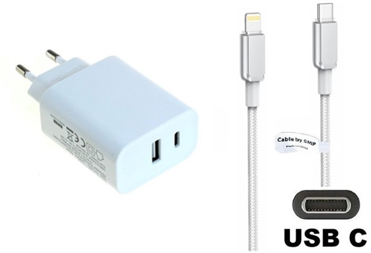 OneOne 20W snellader met 2 poorten en screenprotector van glas voor iPhone 13 Pro Max en iPhone 14 Plus + 0,95m USB C naar Lightning kabel. PD lader. Universele oplader adapter. Glazen screenprotector past op Apple iPhone 13 Pro Max & iPhone 14 Plus