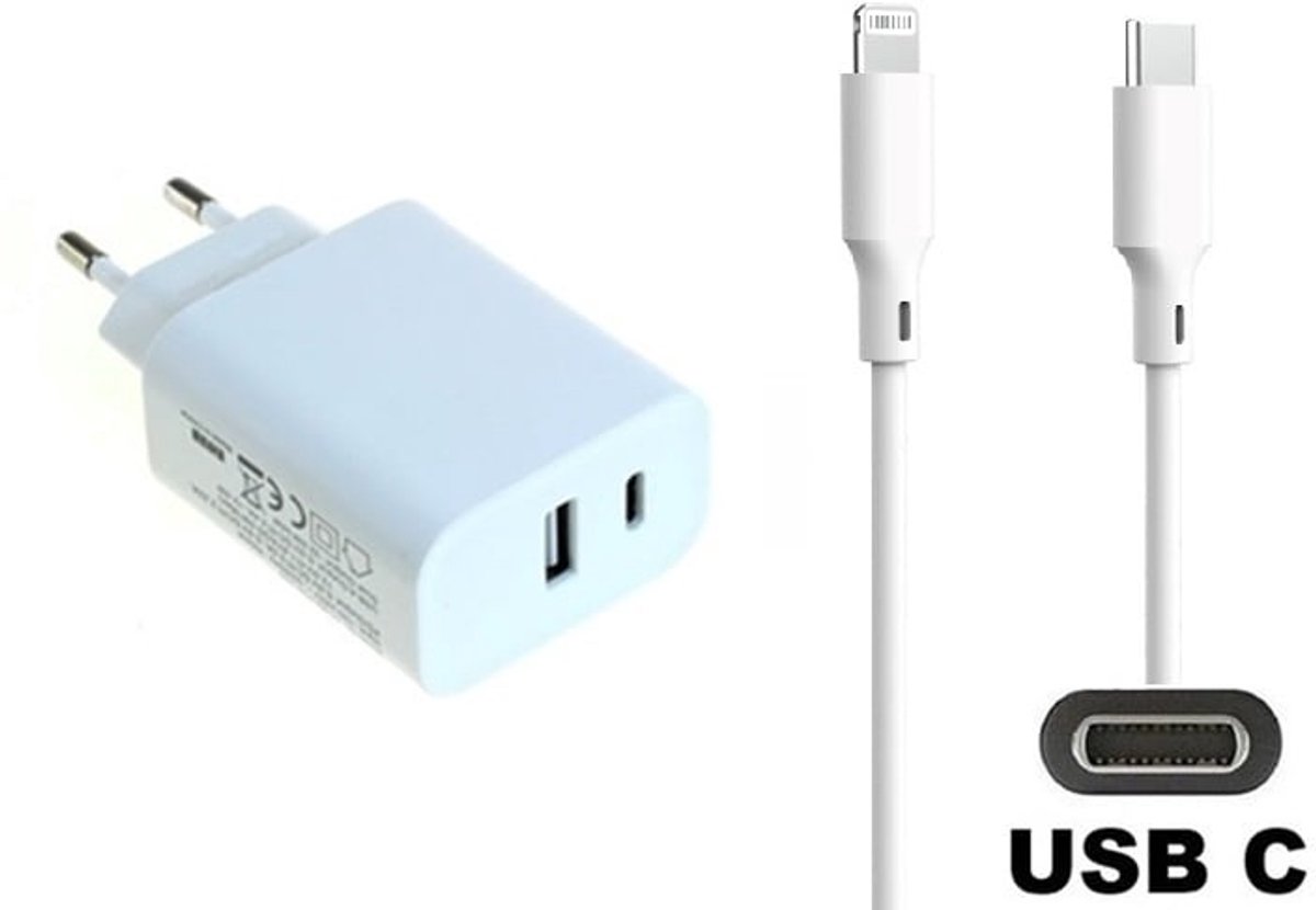 OneOne 20W snellader met 2 poorten en screenprotector van glas voor iPhone 12 + 1,5m USB C naar Lightning kabel. PD lader. Universele oplader adapter. Glazen screenprotector past op Apple iPhone 12