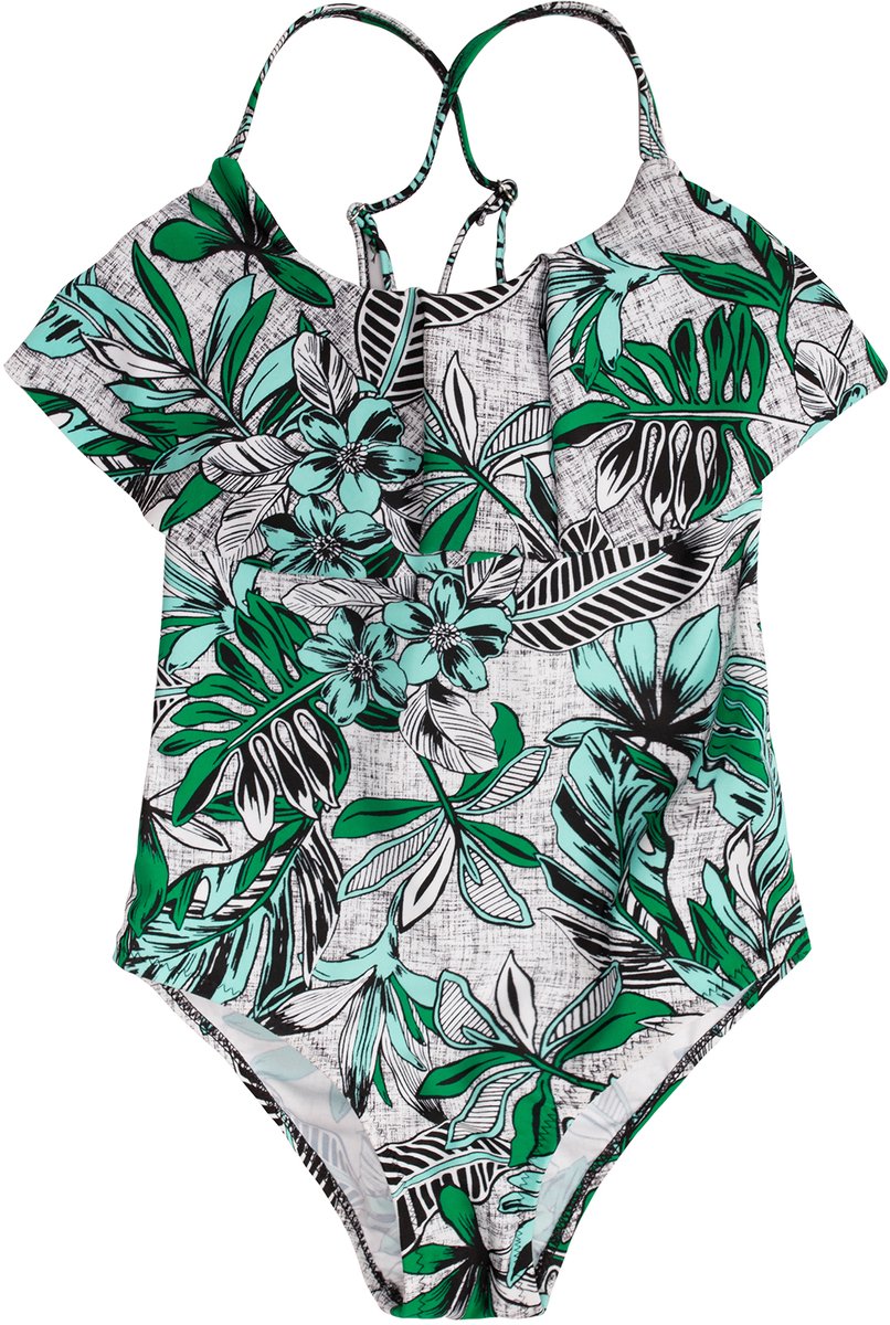 Badpak met volant voorkant - Jungle bloemen 164-170