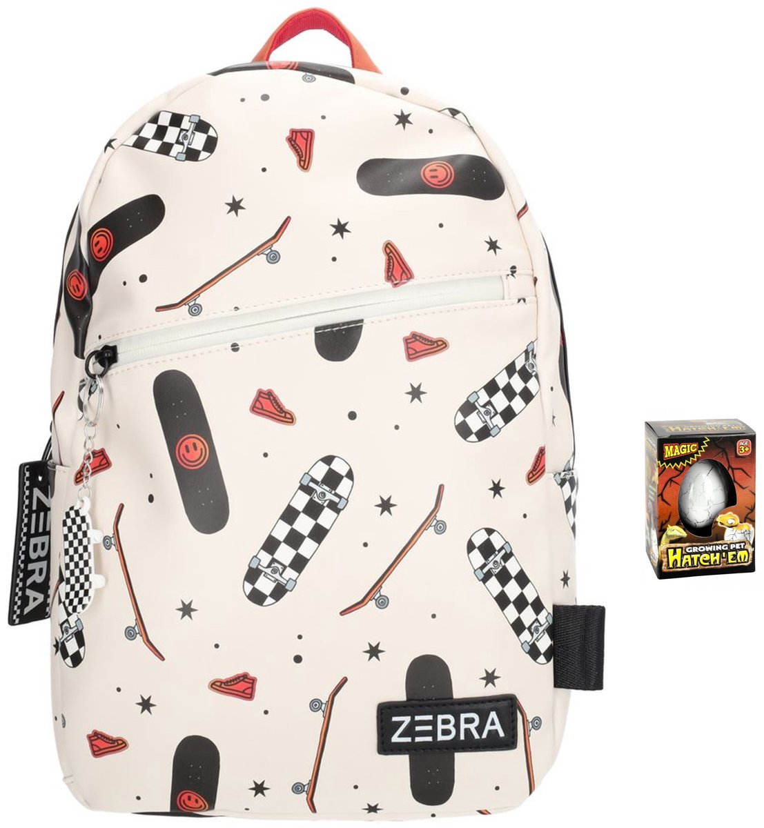 Zebra Rugzak Levi Skateboard - rugtas, schooltas, kinderrugzak + Dino Ei