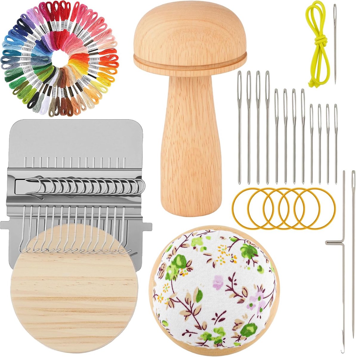 Mini Stopweefgetouw - Knit Patch Kit - paddenstoel gebreide patchkit - Kleine stopweefgetouw - Paddestoel Breipatchset - Draagbare Darning Loom - Weefgereedschap - Complete breiset met 50 Kleuren Garen, 14 Haaknaalden - Reparatieset voor Beginners