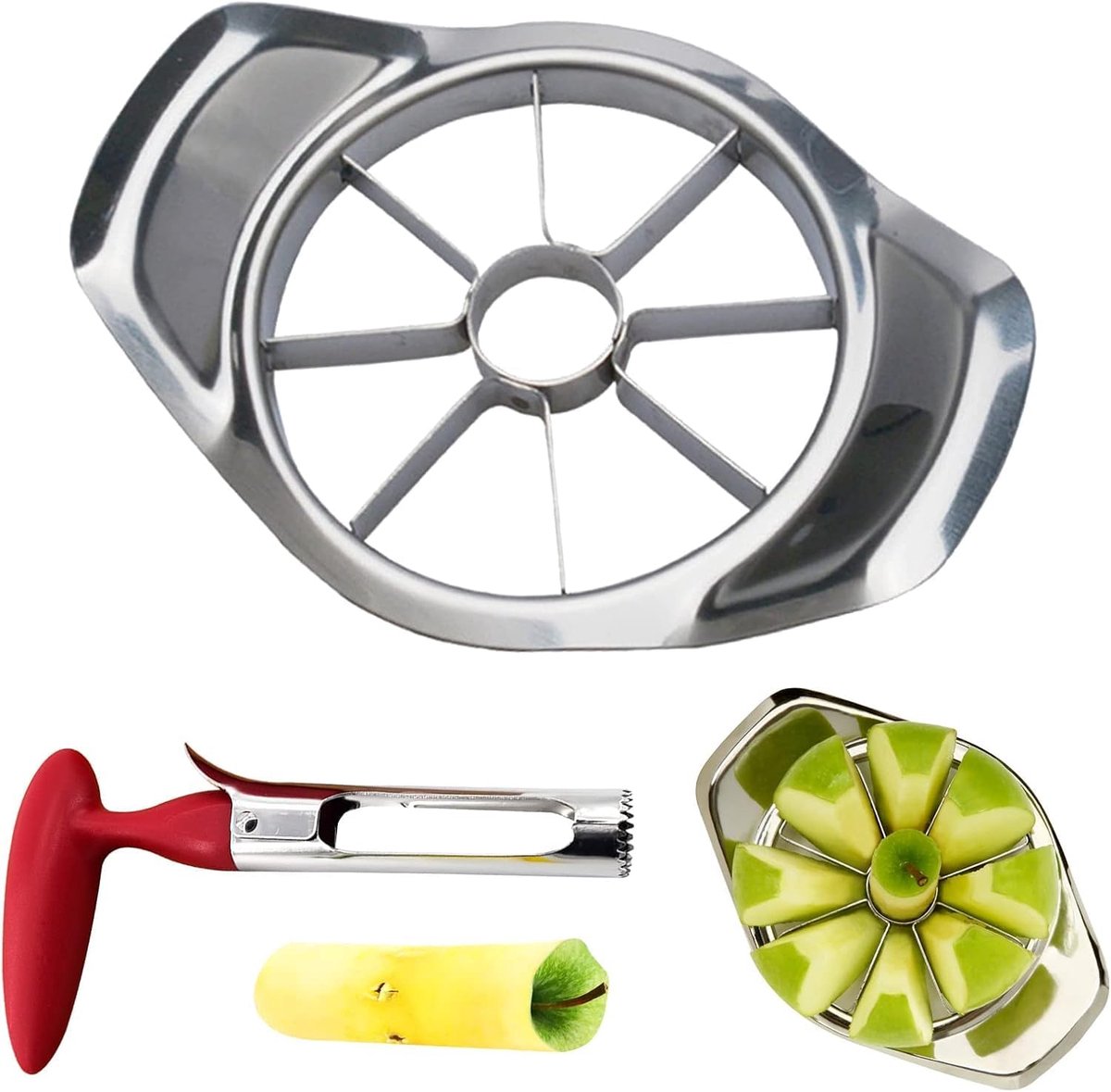 SnelShoppen - 2Pcs RVS Appel Snijder en Kernverwijderaar, Fruit Cutter Set voor Makkelijk en Snel Snijden van Appels en Peren, Herbruikbaar en Makkeli