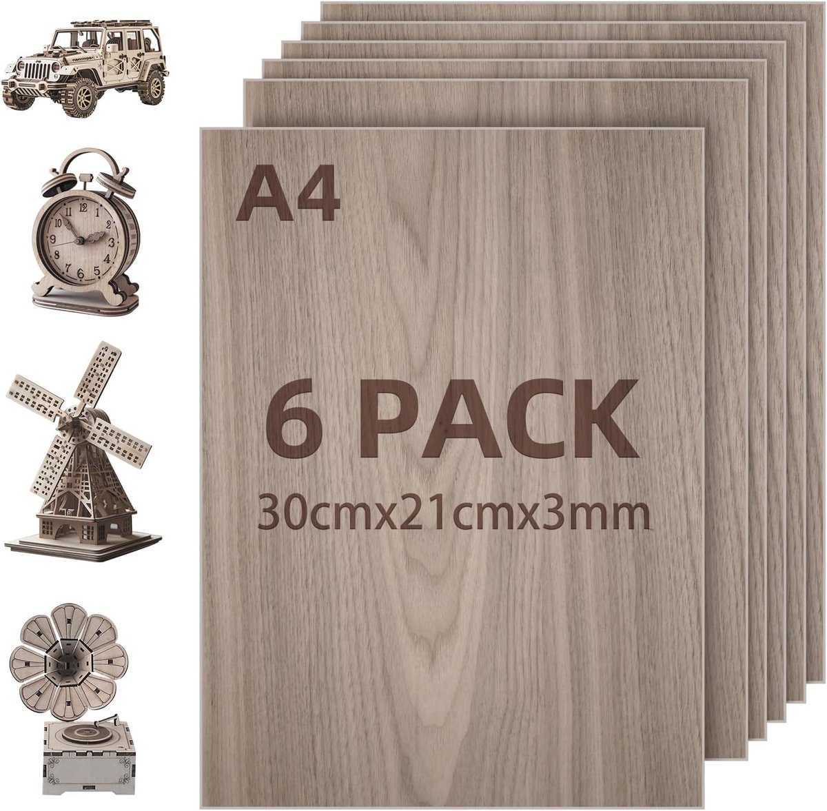 SnelShoppen - Set van 6 Walnoot Plywood Panelen 3 mm A4 300 x 210 mm voor Laser Snijden, Hout Branden, Graveren en Creatieve Projecten