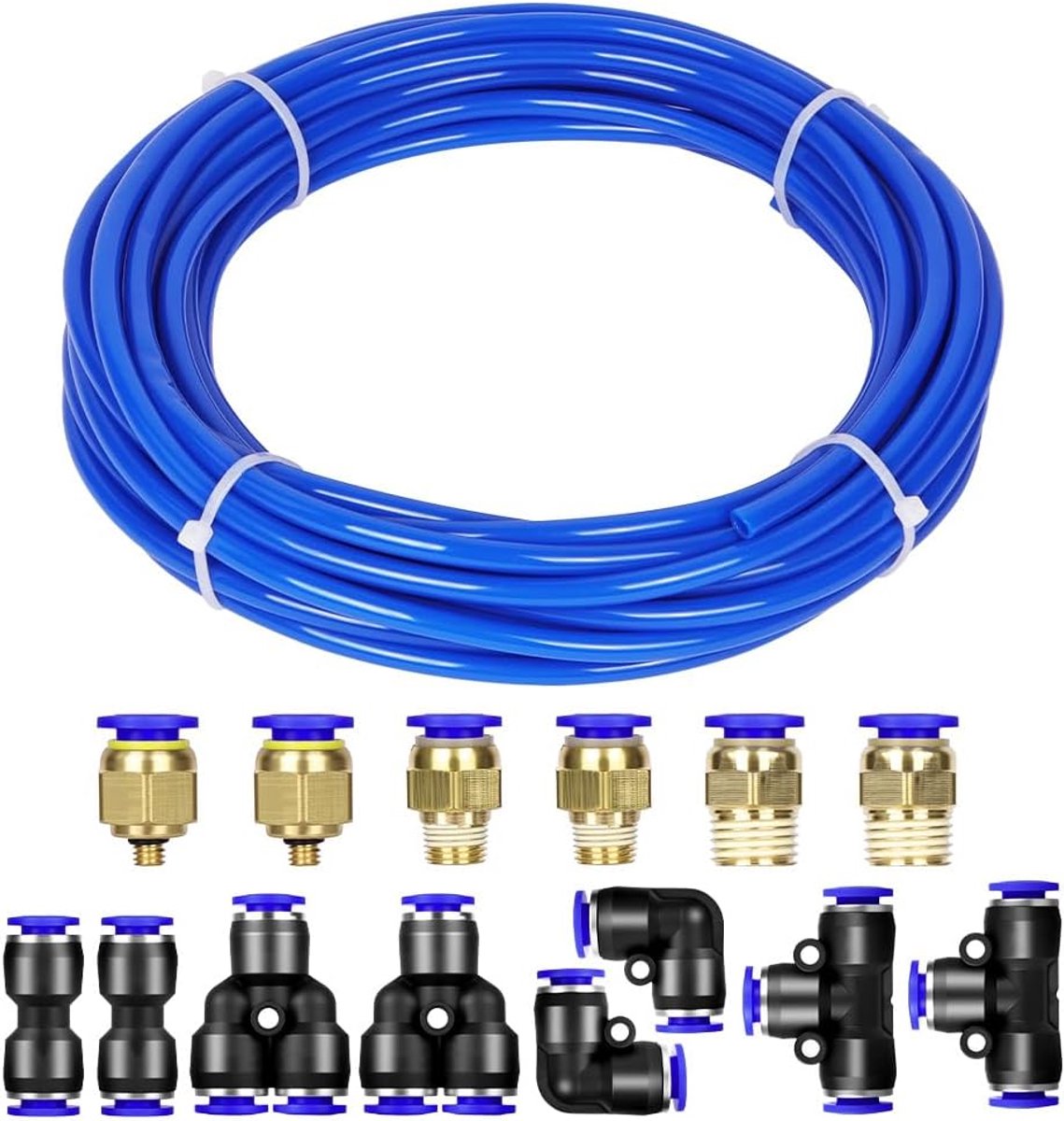 SnelShoppen - Polyurethaan PU Lucht Slang Buis Kit 10m (32.8ft) 4mm ID x 6mm OD, Duurzame Pneumatische Slang met 14 Aansluitstukken, Blauw