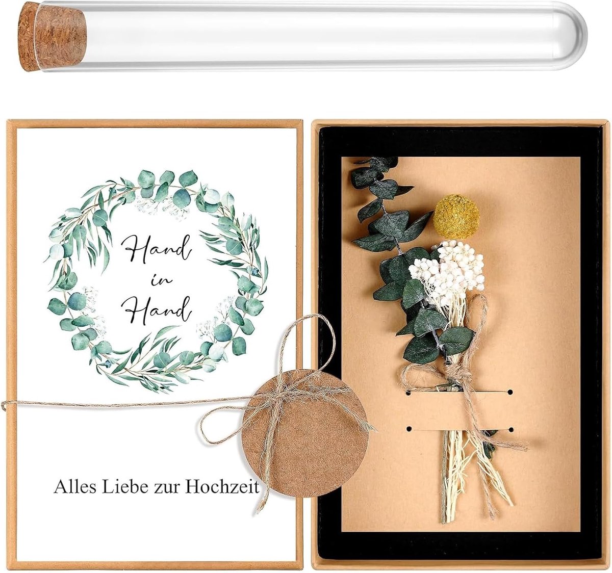 SnelShoppen - Yuqilin Geldcadeau Bruiloft met Houten Geschenkdoos, Gedroogde Bloemen, Henneptouw, Wenskaart en Reageerbuis voor Bruidspaar