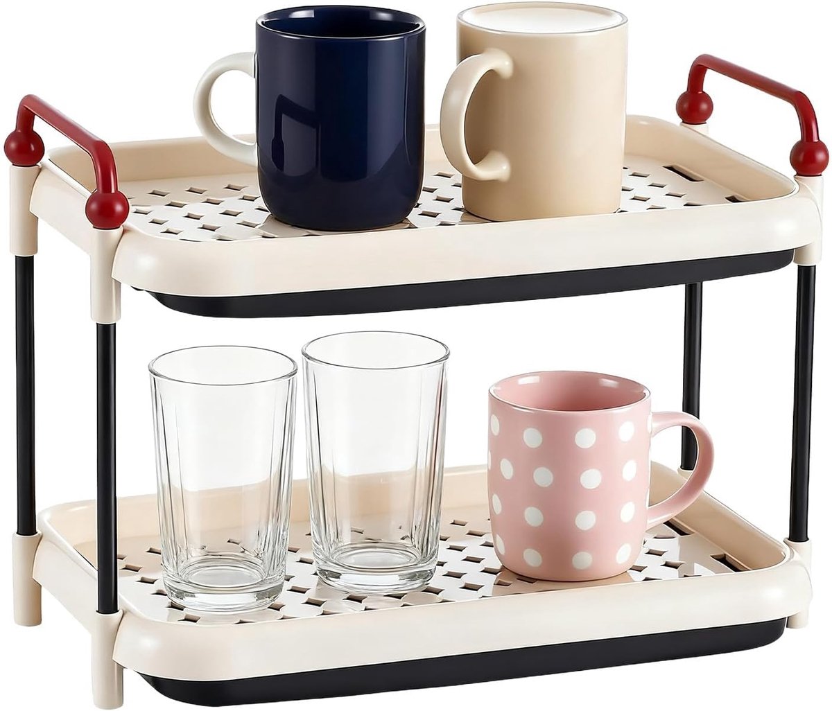 Cup Stand, 2 Levels, with Two Pull-Out Water Drawers and Handle, Plastic Organiser Rack for Cups, Coffee Cups - ShopVlot