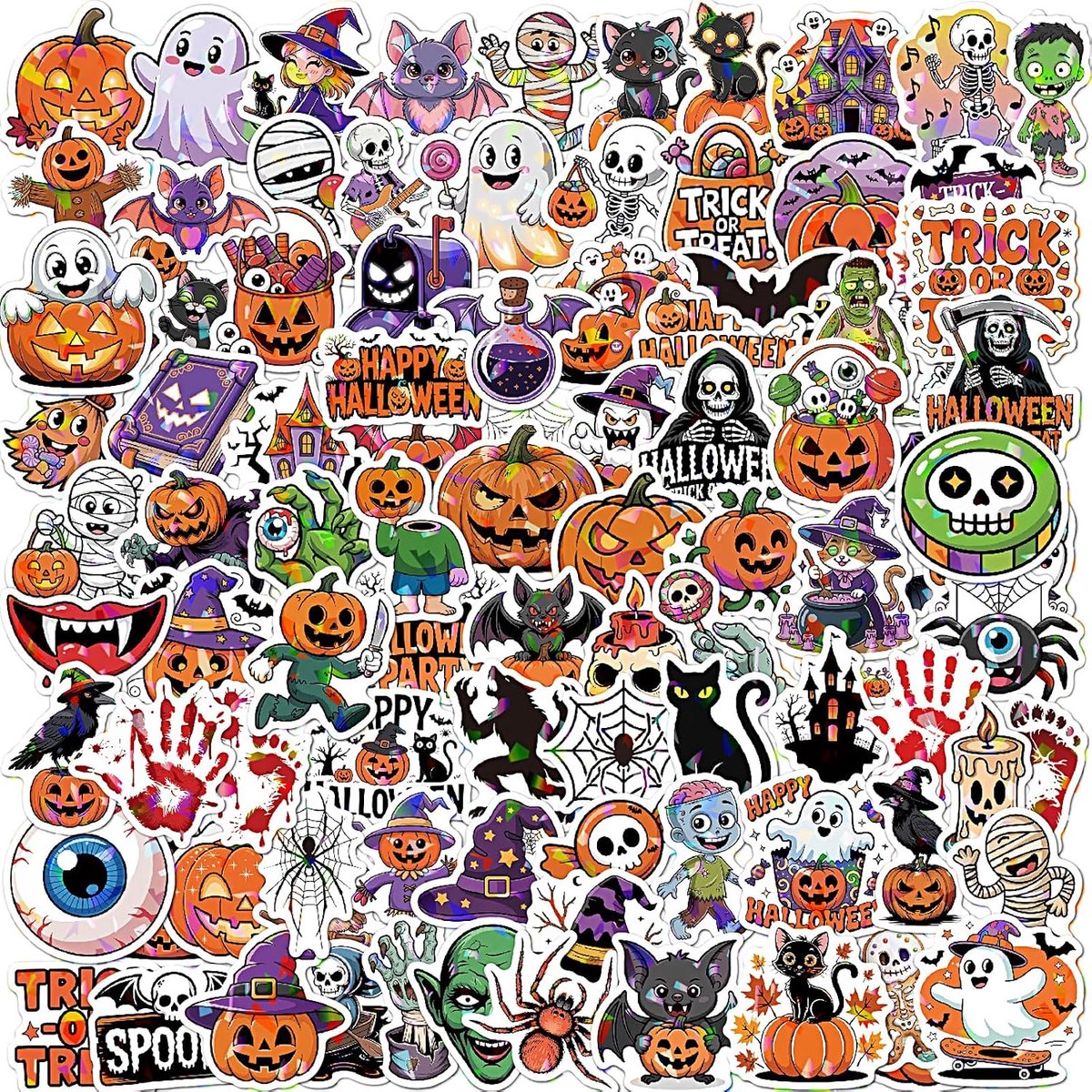 SnelShoppen - 100 Stuks Halloween Stickers Waterproof Vinyl voor Laptop, Telefoon en Waterfles - Holografische Decoratie met Pompoenen, Spoken, Zwarte