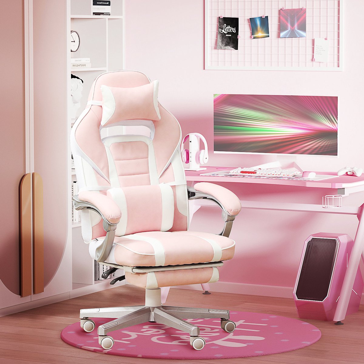 COVREO Gamingstoel 63 x 63 x 123 cm roze wit, kunstleer met voetsteun