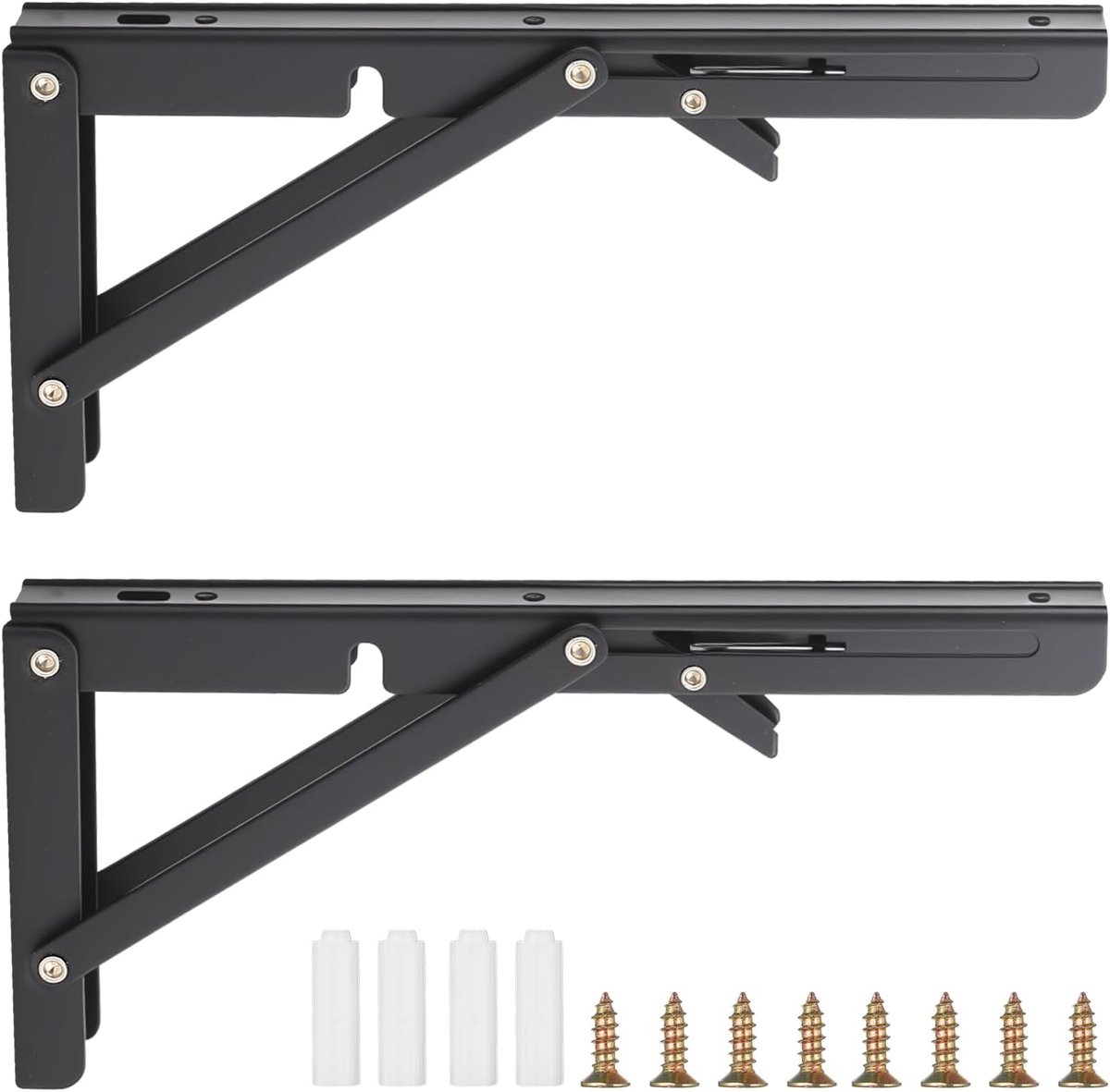 SnelShoppen - Vouwconsole Set van 2, Zware Belastbaarheid, 90 Graden, Plankhouder, 250 mm, Scharnieren, Vouwplankhouder, Wandmontage (Zwart)