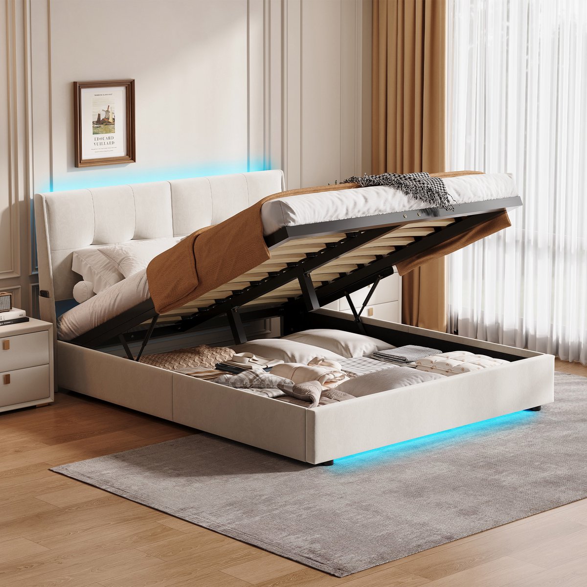 Volwassen bed tweepersoonsbed 160x200 cm, opbergbed met gasveer en led verlichting, gestoffeerd fluwelen bed met zijvakken en beige bekleding, zonder matras