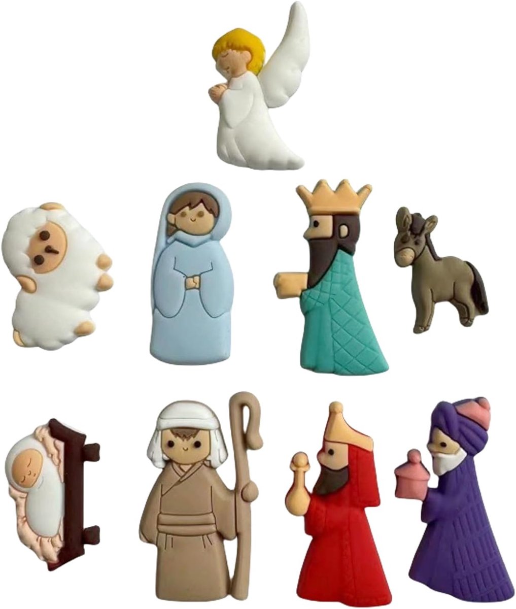 SnelShoppen - 9-delige Set Miniatuur Kerststal Patch PVC Figurines Cartoon Plakdecoraties voor Kerstmis Creatieve Ambachten