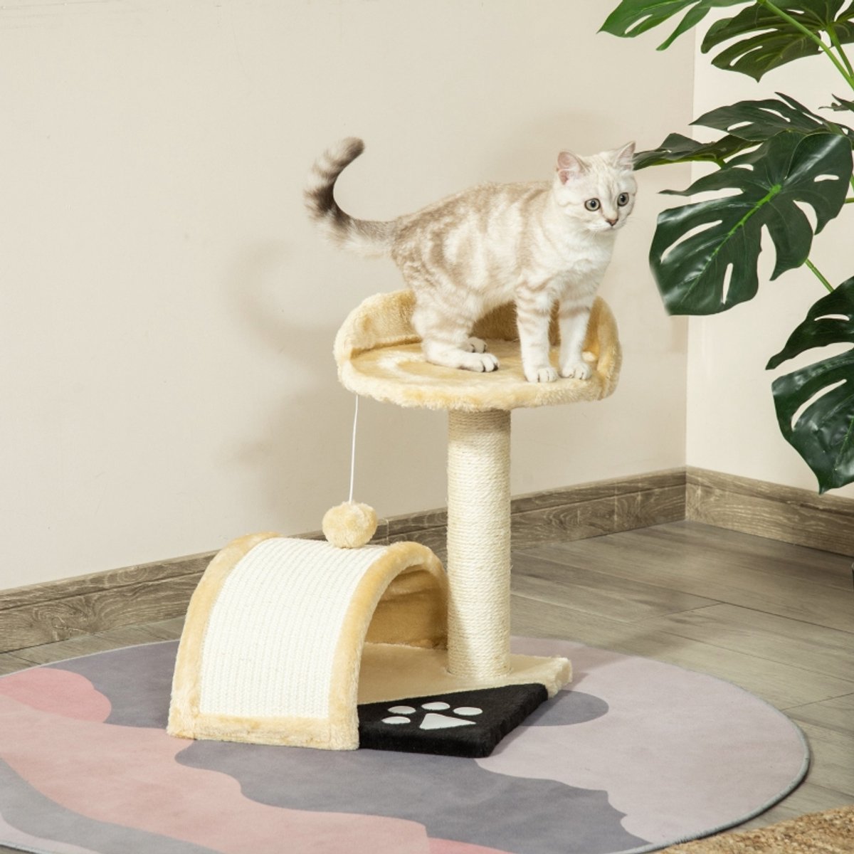 DESMIU Krabpaal – Met Sisaltouw Krabpalen En Hangbal – 35,5 x 37 x 46 cm – Polyester En Sisal – Beige – Voor Krabben En Rusten