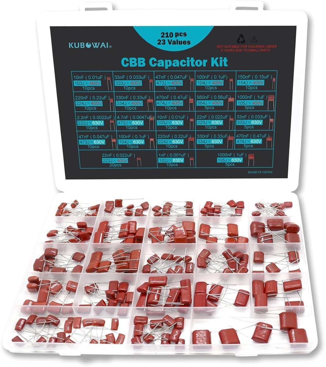 SnelShoppen - 23 Waarden 210 Stuks Metalliseerde Polyesther Folie Condensatoren Assortiment Kit, CBB22 400V en 630V, 1nF, 10nF, 22nF, 33uF, 47uF, 100u