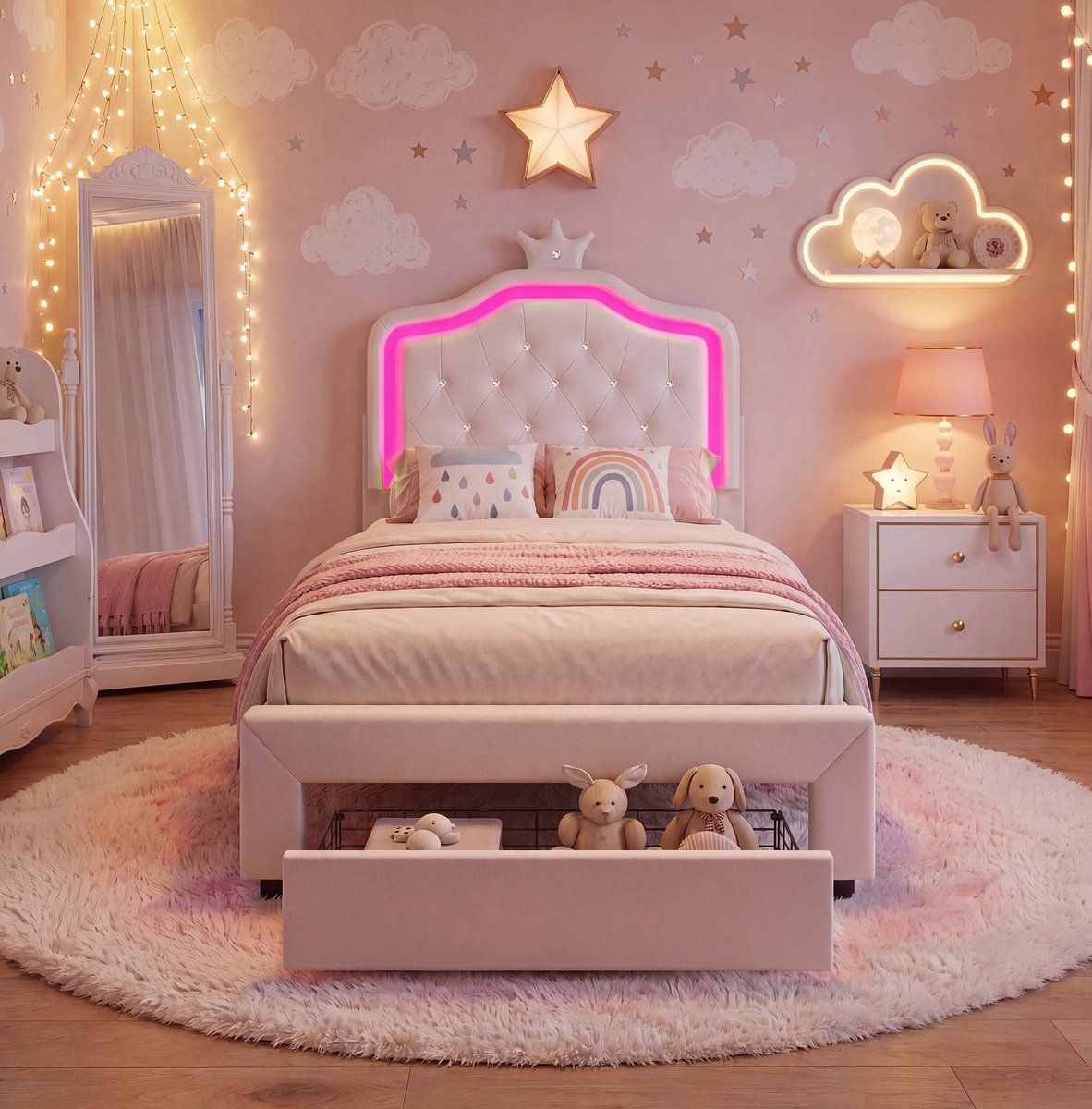 Kinderbed eenpersoonsbed 90x200 cm, prinsessenbed met hoofdbord verlichting en opberglade, gestoffeerd bed met verstelbaar hoofdbord, pu wit, zonder matras