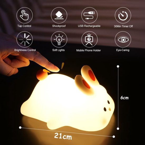 Nachtlampje in de vorm van een konijn met touchscreen - oplaadbaar - siliconen nachtlampje voor baby's - konijnenlampje - 3 instelbare helderheidsniveaus - draagbaar konijnenlampje - geschikt voor kinderen, meisjes, jongens, Kerstmis. — afbeelding 4