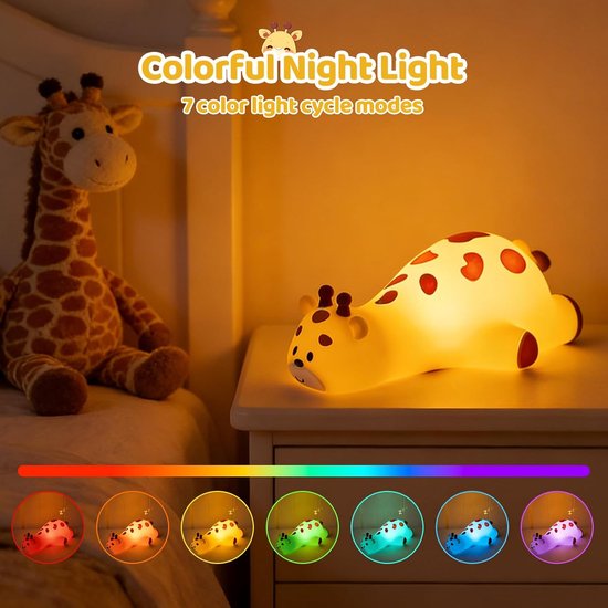 Nachtlampje voor kinderen - Siliconen giraffe nachtlampje - 3 instelbare helderheidsniveaus - Touchbediening - 7 kleuren - Timerfunctie - Oplaadbaar, geschikt voor baby's en peuters - Decoratief lampje - Cadeau voor de slaapkamer — afbeelding 3