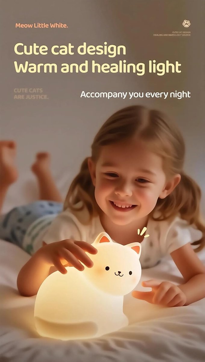 Nachtlampje in de vorm van een kat voor kinderen - Dimbaar via aanraking - Oplaadbaar - Zacht siliconen LED-nachtlampje - Een leuk cadeau - Geschikt voor babykamers, peuterkamers, verzorgingstehuizen, kinderkamers en ook een ideaal verjaardagscadeau. — afbeelding 2