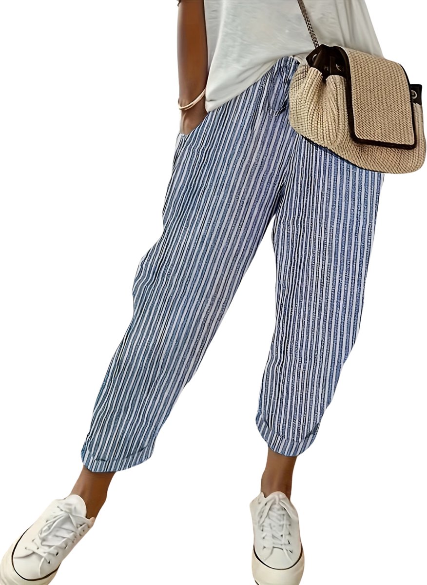 Currero Gestreepte Broek Dames and Striped Pants Yacht Club Linnen Broek Zomerbroek Volwassenen Lange Broek Strandbroek Koningsblauw
