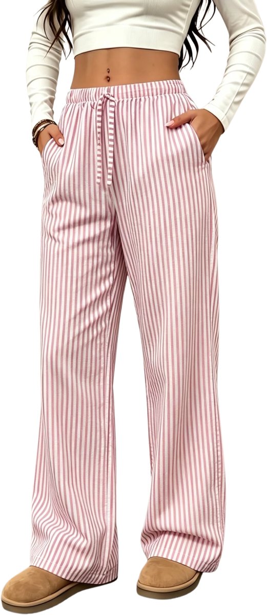 Currero Gestreepte Broek Dames and Striped Pants Yacht Club Linnen Broek Zomerbroek Volwassenen Lange Broek Strandbroek Roze