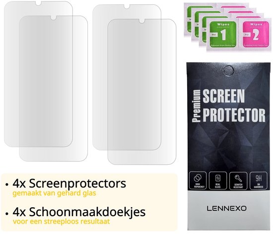 Verpakking van 4 screenprotectors van gehard glas en 4 schoonmaakdoekjes. "Premium Screen Protector" tekst op verpakking.