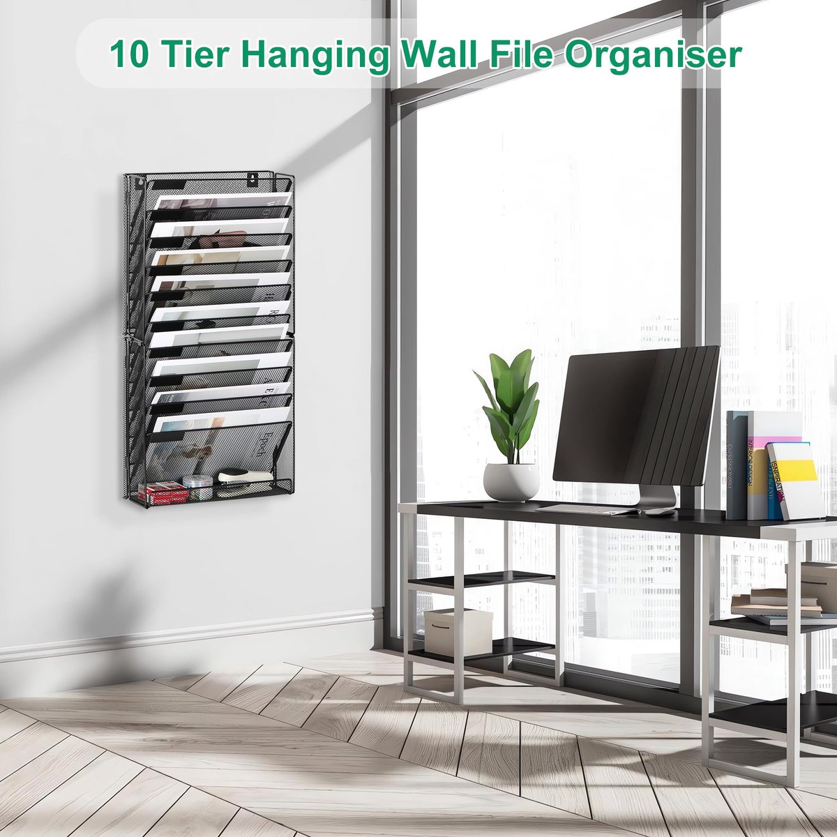 SnelShoppen - 10 Laags Mesh Muur File Organizer voor A4 Papier - Wandmontage Document Houder - Stationaire Organisator in Zwart voor Kantoor, Thuis en