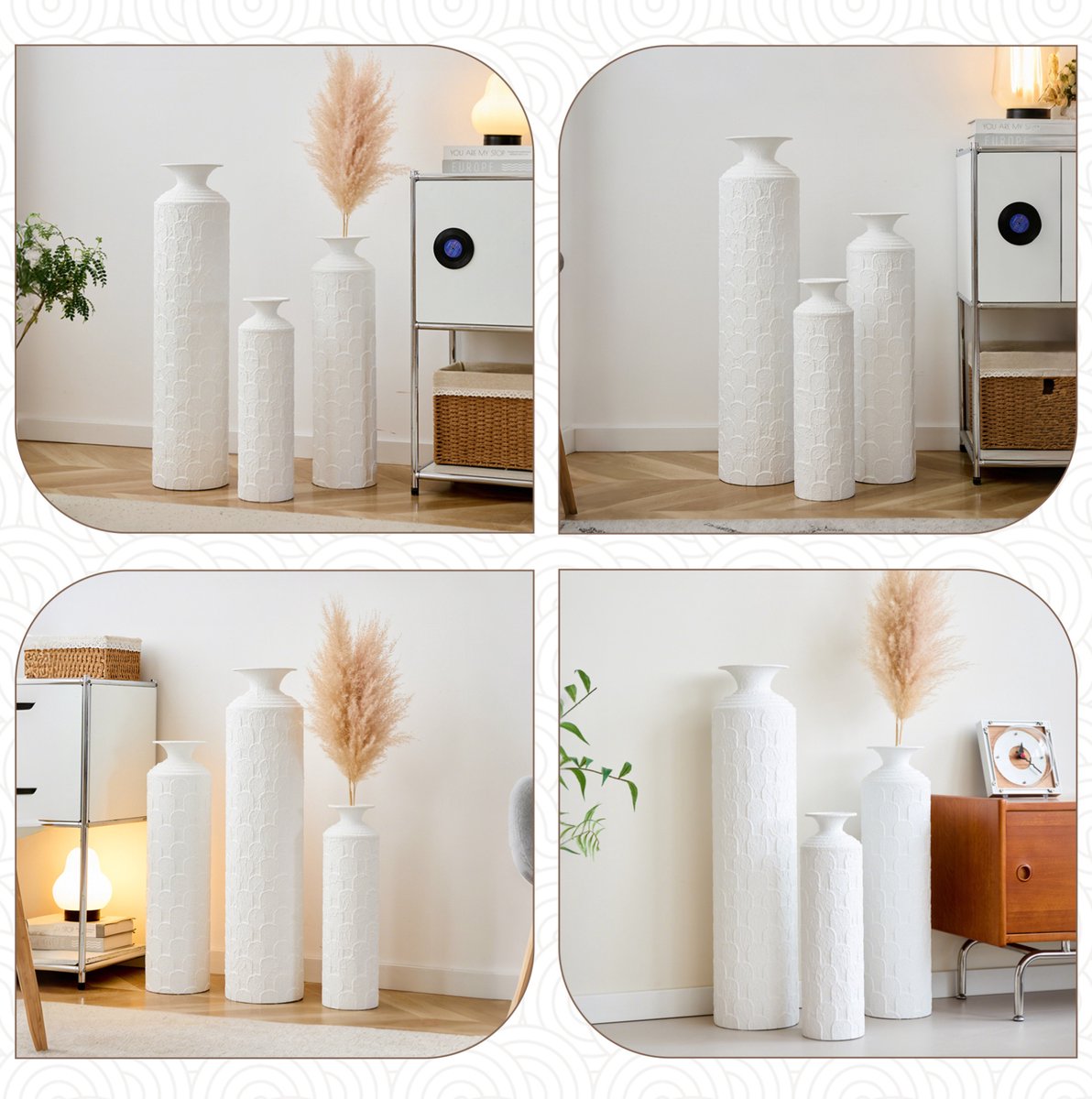 REDOM - Vaas - 3-delige set - Handgemaakt reliëf - Smalle vloervazen - Moderne stijl - Woonkamer en hal - Metaal - Wit - 50/65/85 cm