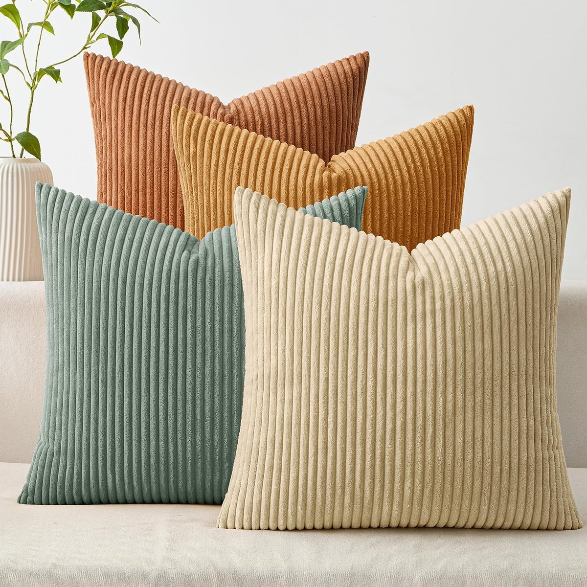Omgoods - Set van 4 Kussenhoezen 50x50 cm - Zachte Corduroy met Streepdesign in Azure