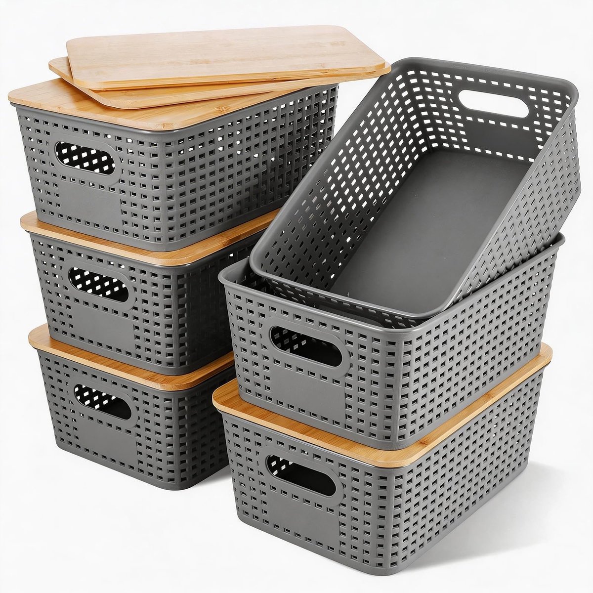 Omgoods- Opbergdoos met bamboedeksel - Stapelbare opbergdozen - Lade-organizer - Keukenorganizer - Voedselveilig kunststof - 6 stuks, 28x26x19,5 cm - Opbergmand