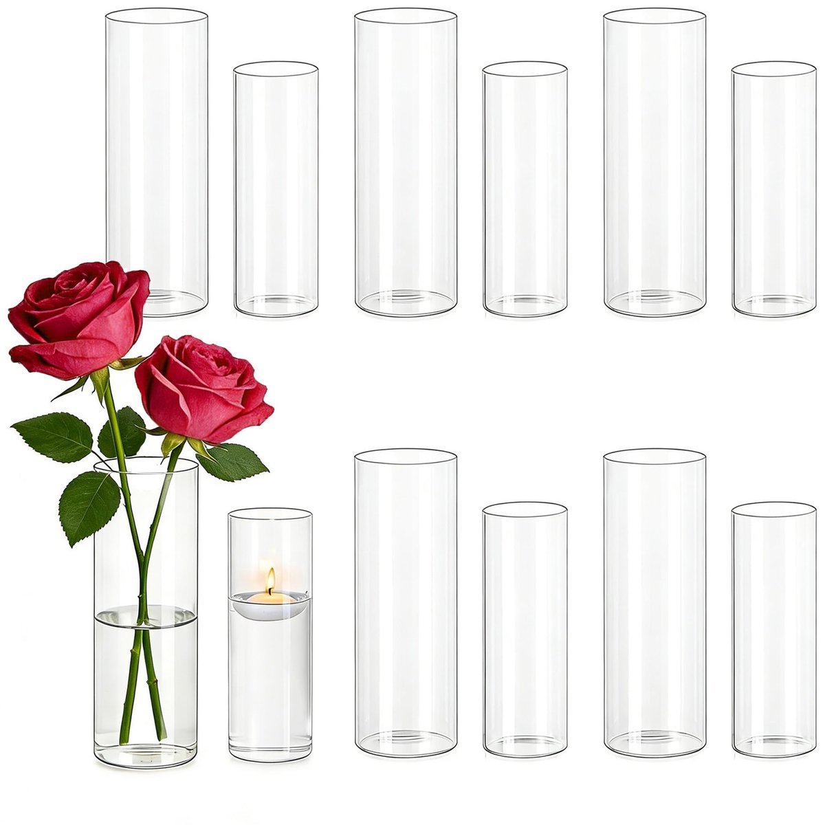 Omgoods - Set van 12 Transparante Glazen Vazen voor Bloemen, 15/18 cm