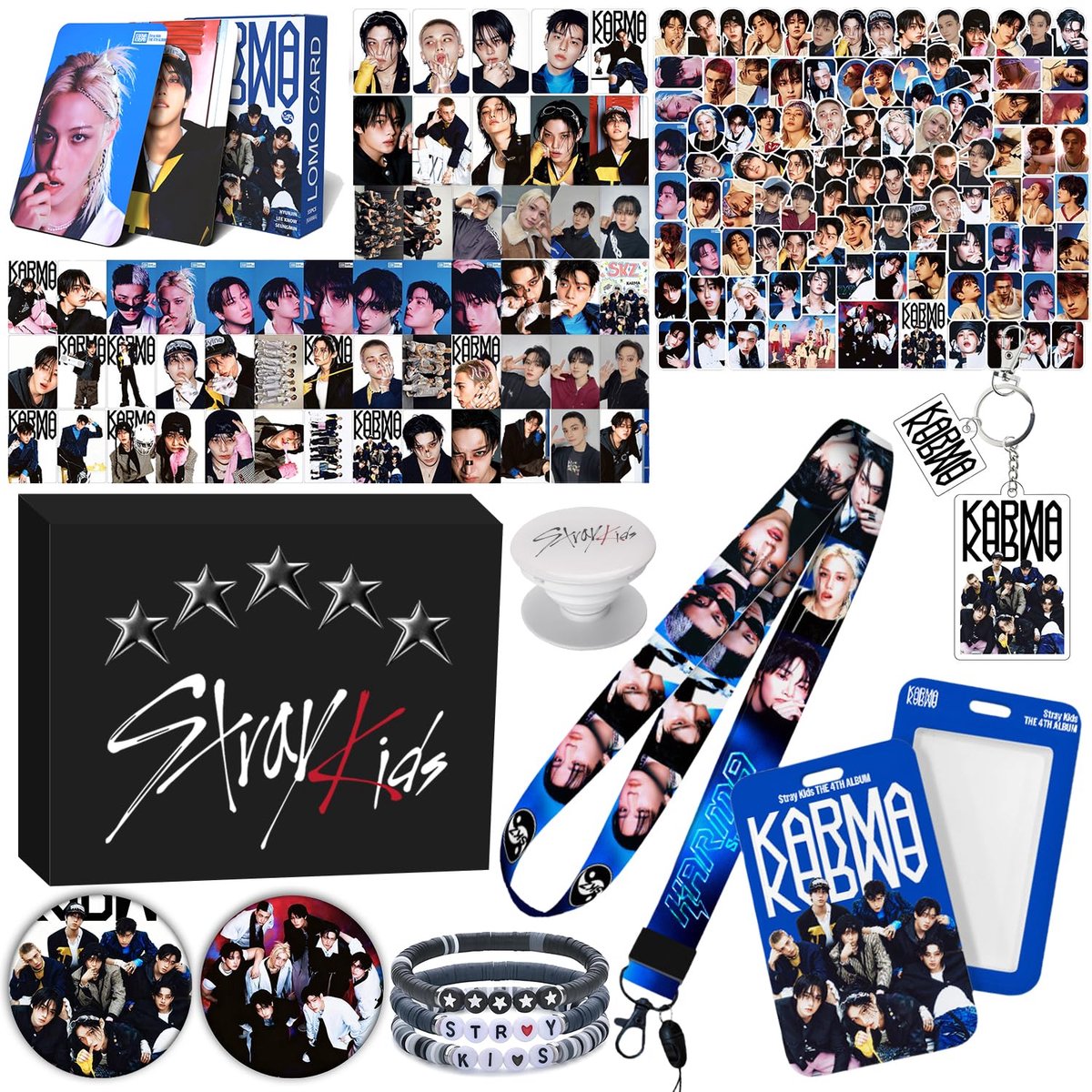 Omgoods- Fanartikelen Stray - Merchset voor Stay - 1 Kaarthouder - 1 Sleutelband - 1 Sleutelhanger - 55 Fotokaarten - 99 Stickers - Geschenkdoos - Merchandise