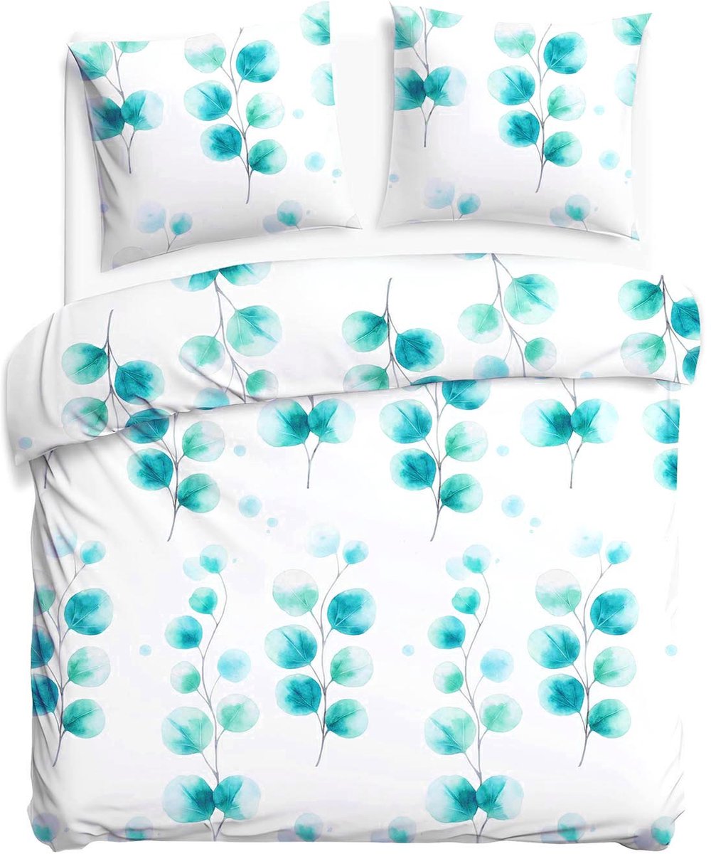 Darymex Satynlove Dekbedovertrek 220x200 cm - Wit / Turkoois - Cieniowane Bladeren - 100% Katoen-Satijn (120 g/m²) - Lits-Jumeaux - Met Ritssluiting - OEKO-TEX® - Met 2 Kussenslopen 70x80 cm