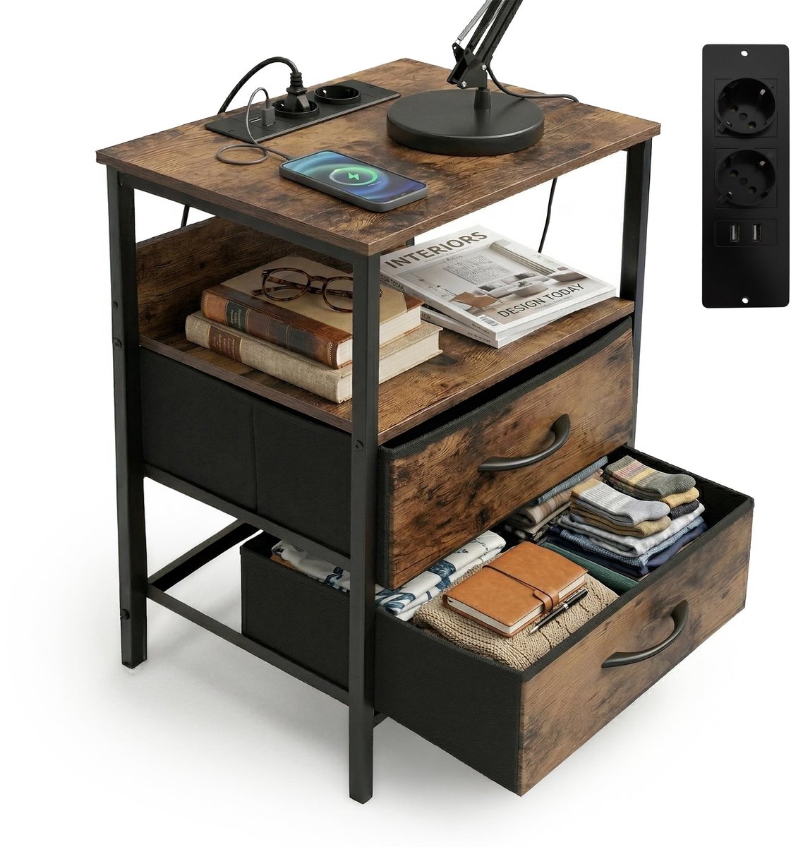 Omgoods - Side Table met Stopcontacten en USB, 2 Lades, 60 x 40 x 30 cm