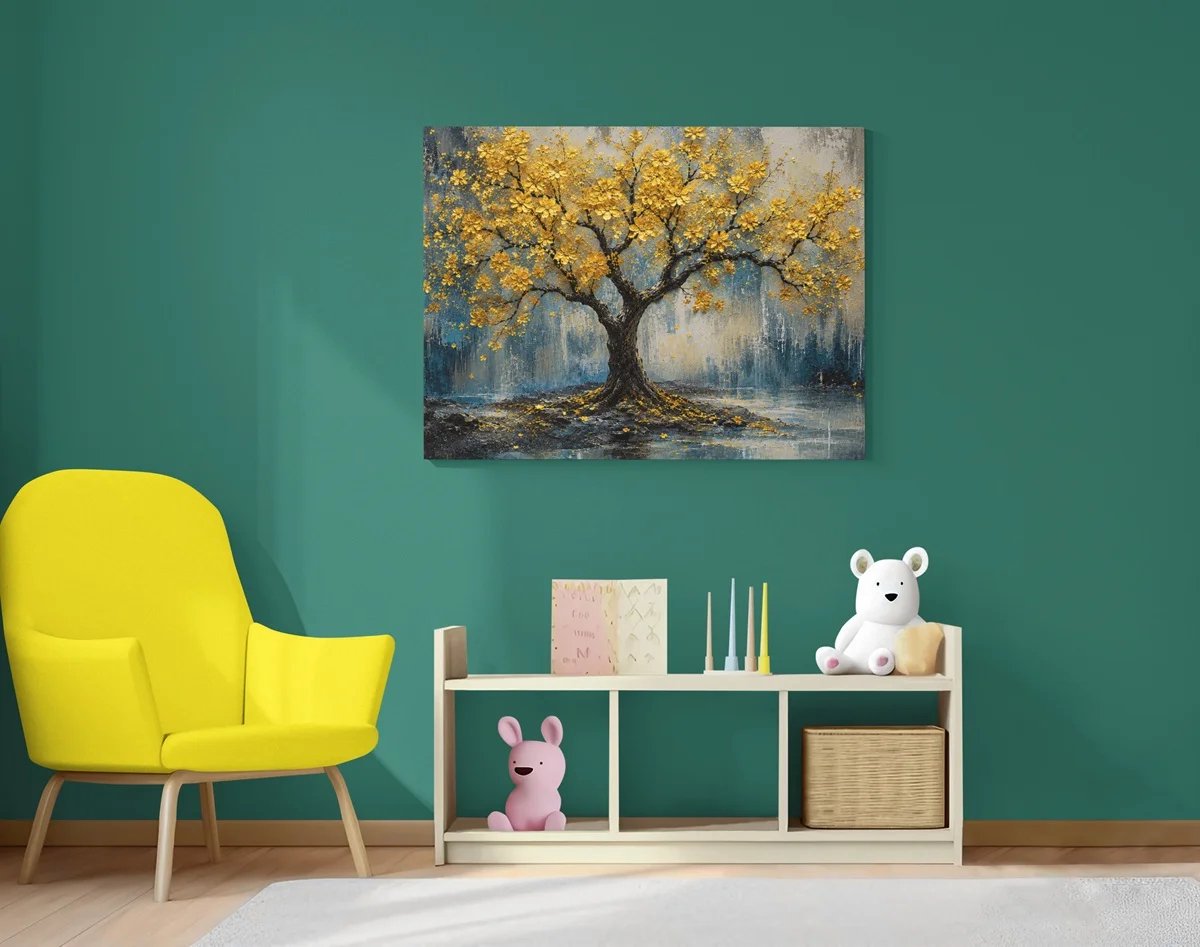 Canvas Schilderij Boom - Gouden Bloesemboom - Wanddecoratie - 100x 75 cm