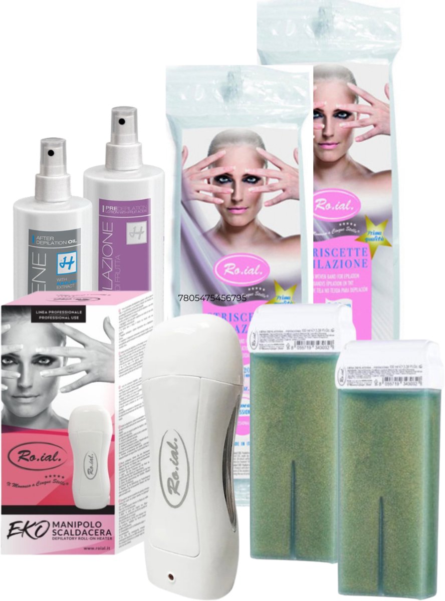 Roll-On Wax Set Pistachio | ontharingswax | Heater + 2 Waxpatronen, 100 Strips, Pre- & After-Wax Olie