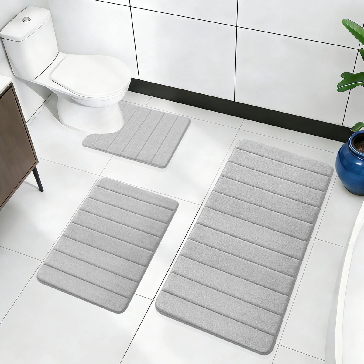 Omgoods - Set van 3 Geheugenfoam Badmatten, Lichtgrijs en Antislip
