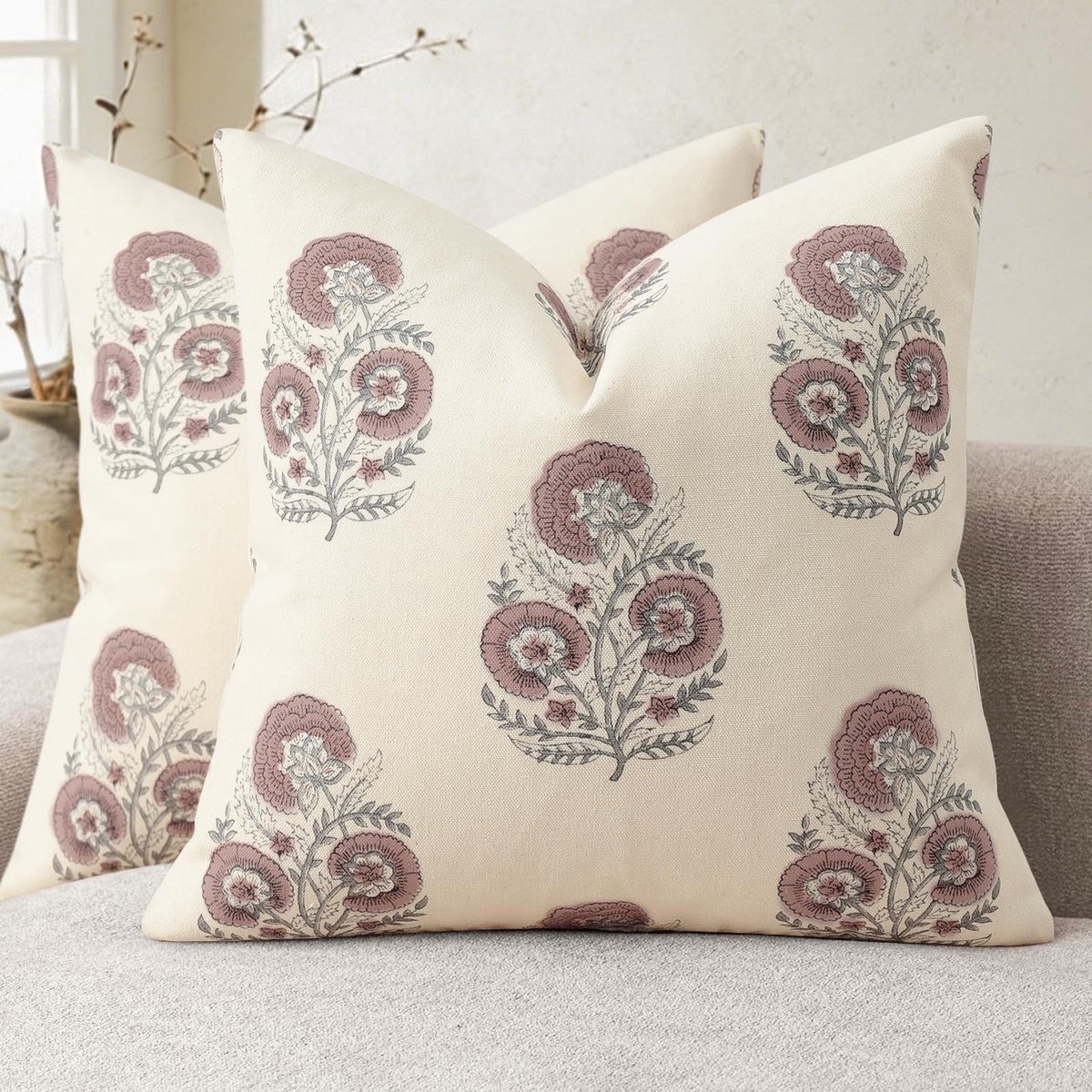 Omgoods - Set van 2 Vintage Bloemendruk Kussenhoezen 50x50 cm in Verwelkte Roos
