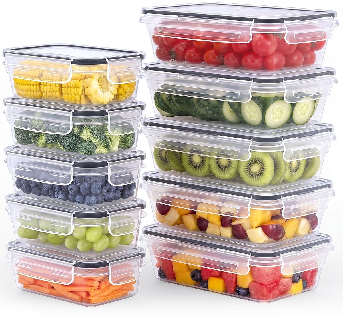 Omgoods- Vershouddozen met Deksel - BPA-vrij - Lekvrij - Vaatwasmachinebestendig - Magnetronbestendig - Stapelbaar - 1 l x 5 stuks + 0,52 l x 5 stuks - Voedselcontainers