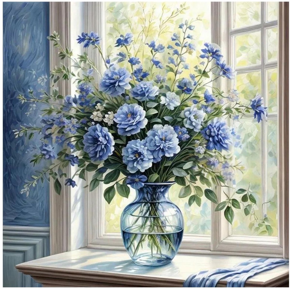 Omgoods - 5D Diamantschilderij Vaas met Blauwe Bloemen 40 x 40 cm