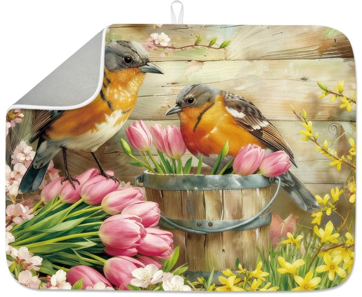 Omgoods - Vintage Droogmat - Bloemen en Vogels Design voor Keuken, Absorberende Microfiber