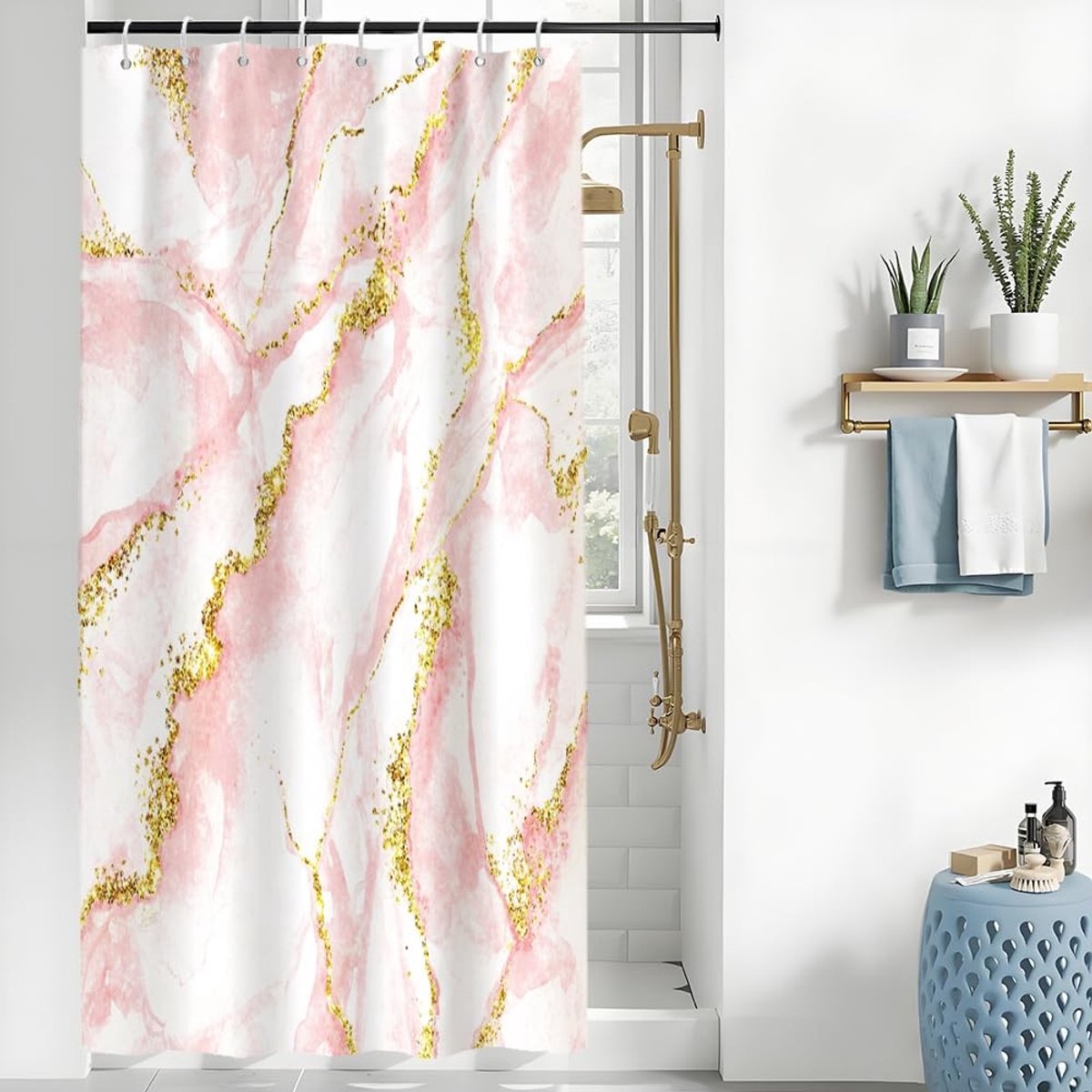 Omgoods - Schimmelwerend Douchegordijn, Poederroze met Marmereffect, 120x180 cm